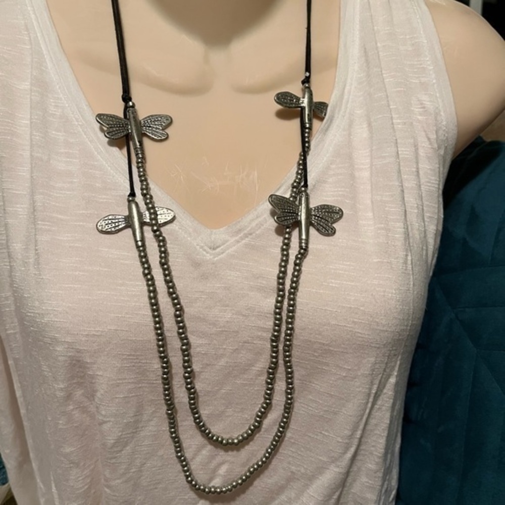 Dragonfly Silver Necklace Beaded and Corded Double Strand 4 Dragonflies